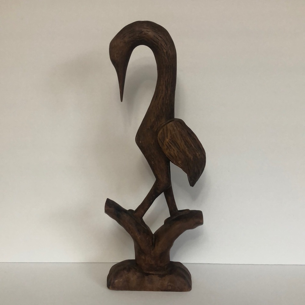 Vintage Hand Carved Wood Crane Figure On Base